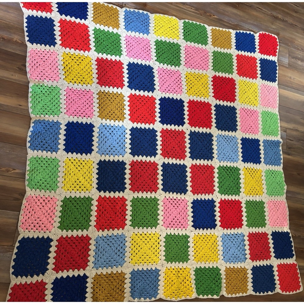 Granny Square Crochet Afghan Blanket Sofa Throw Multi-Color 63"x 64" Roseanne